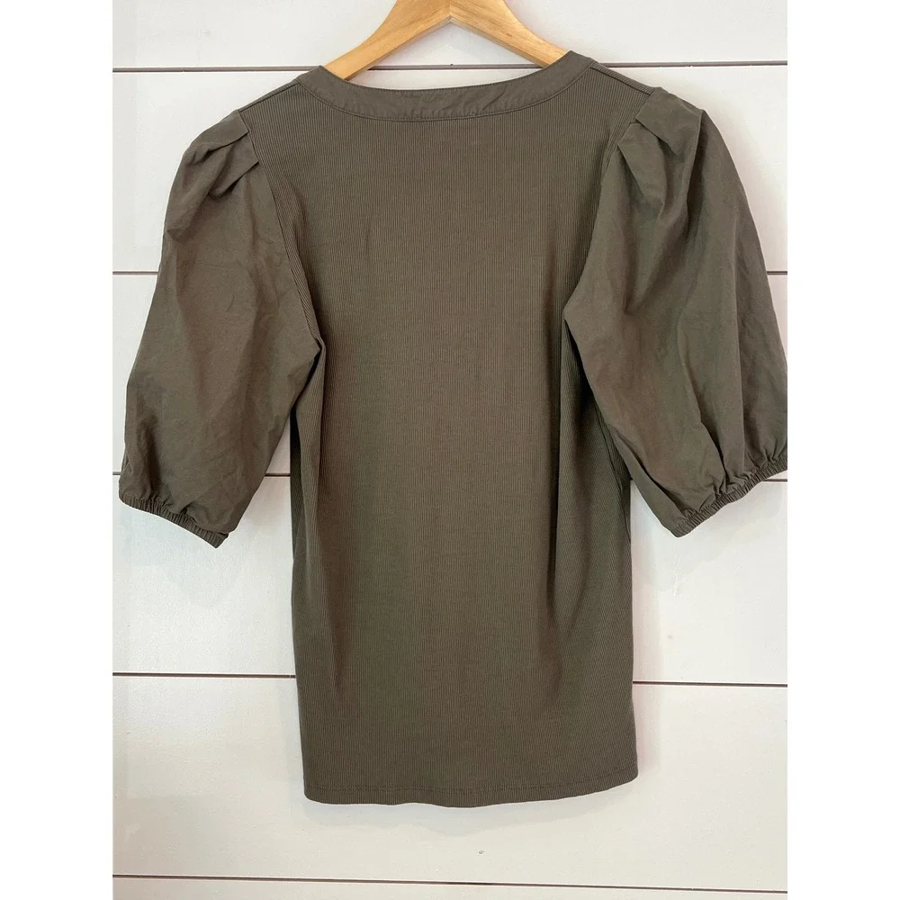 Madewell Olive Green Ribbed Puff Sleeve Henley Top Medium Cottagecore fairycore